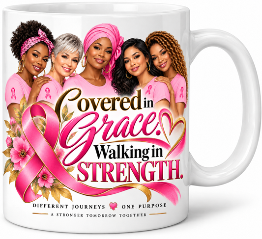 Covered in Grace. Walking in Strength. Breast Cancer Awareness Mug